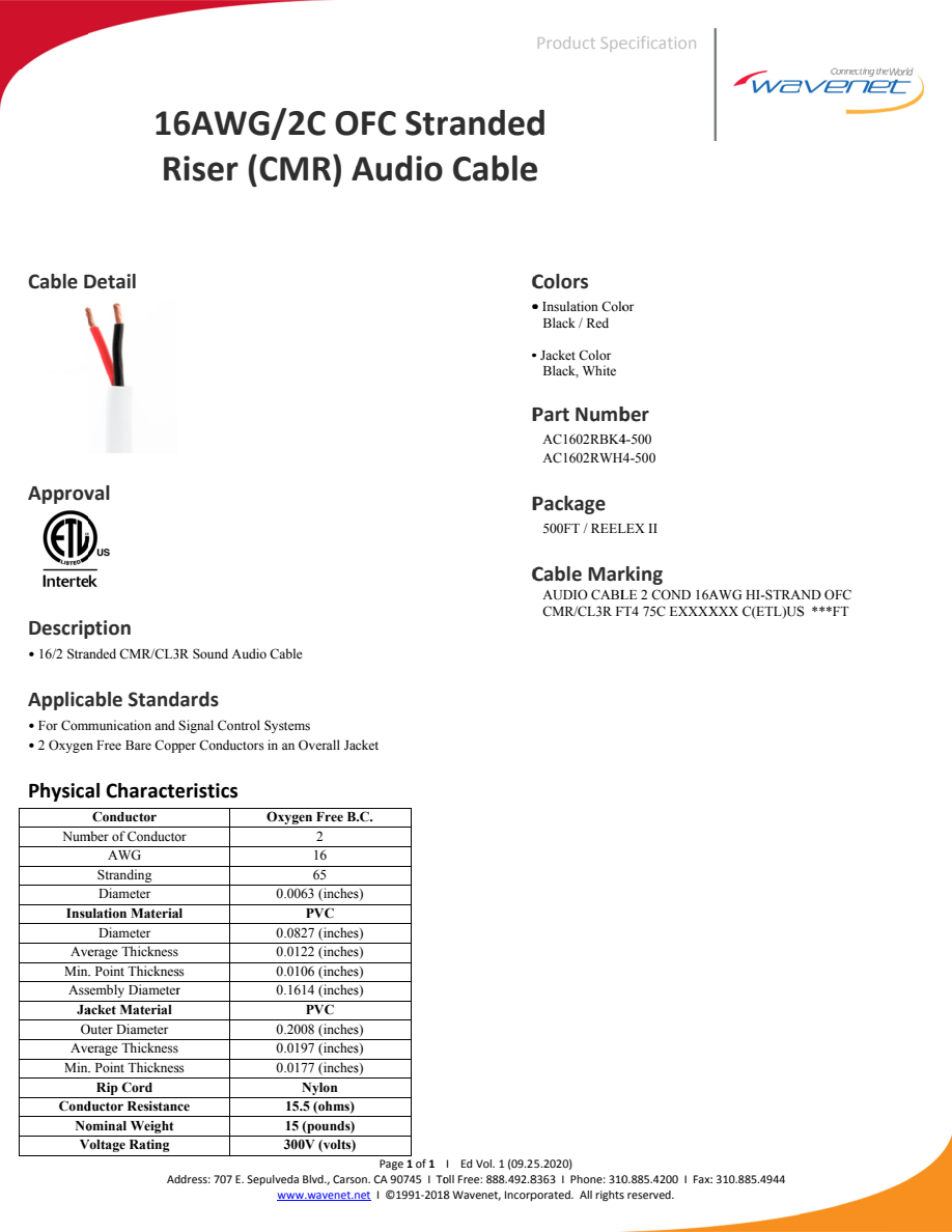 Wavenet AC1602RBK4-500 Black 16/2 OFC Riser Audio Cable, 500 ft