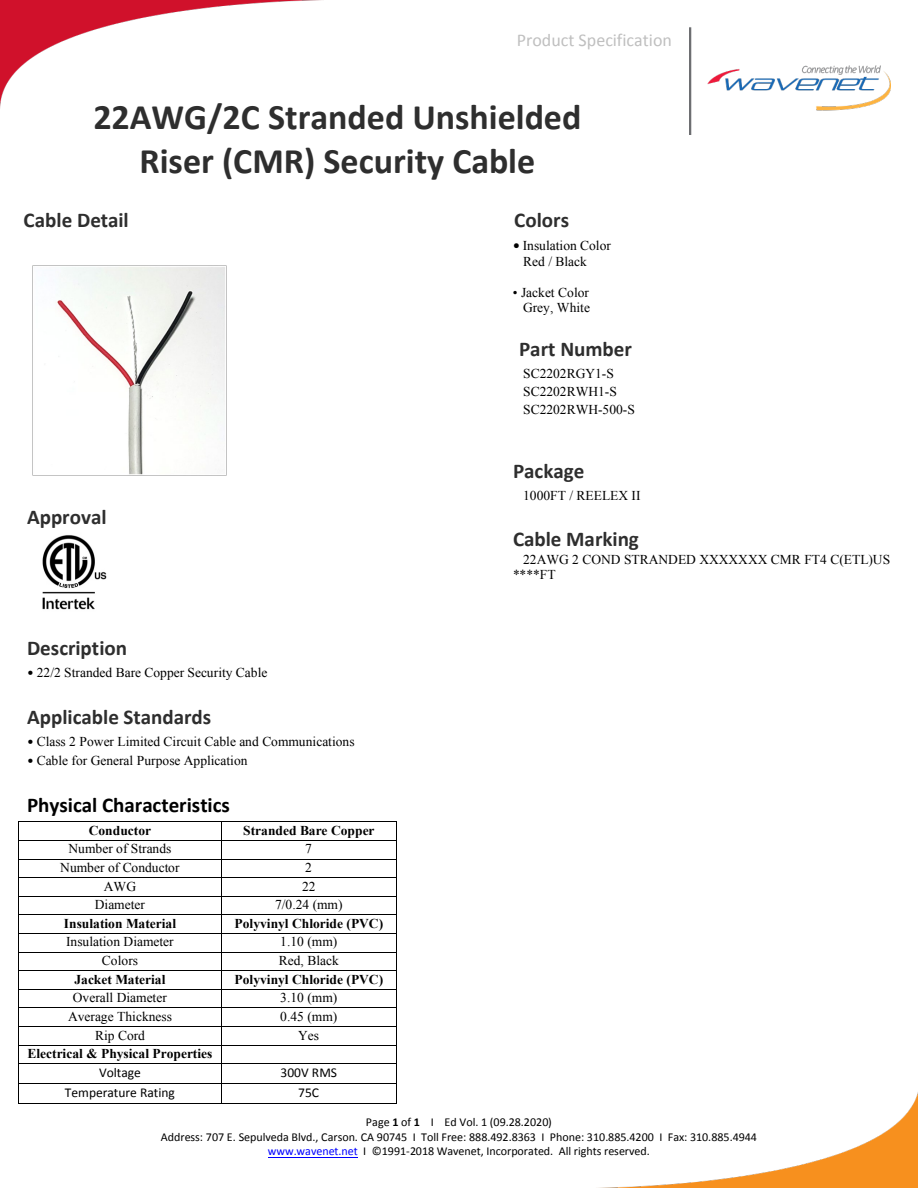 Manufacturer specification-sheet preview: Wavenet 22/2 stranded riser cable; white illustration is not the selected color or package photograph.