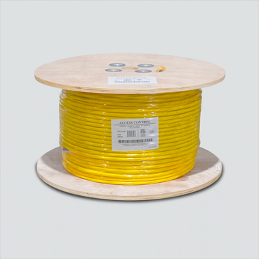 Yellow composite access-control cable on a wooden reel