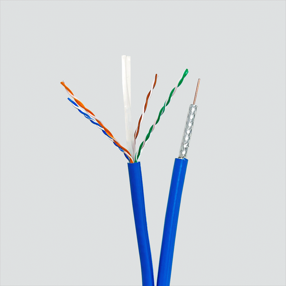 Blue paired cable detail with four twisted pairs, spline and a coaxial member
