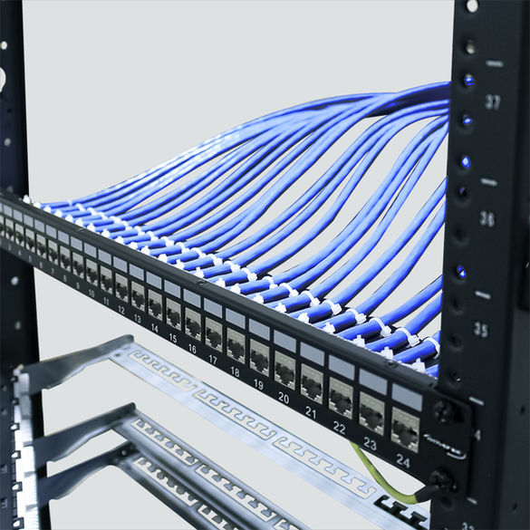 Wavenet 24-port shielded patch panel installation example; one panel and 24 jacks per kit, assembly required
