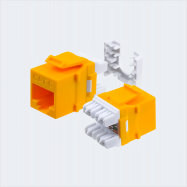 Manufacturer yellow CAT6 HDJ jack shown in multiple views with cap removed. This listing supplies 25 yellow jacks.