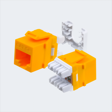 Manufacturer yellow CAT5E HDJ jack shown in multiple views with cap removed. This listing supplies one yellow jack and one wire cap.