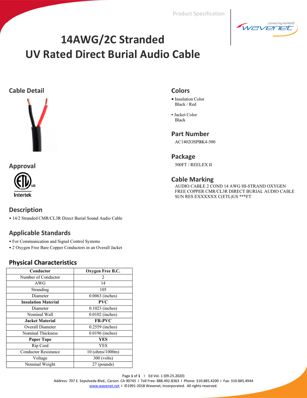Wavenet AC1402OSPBK4-500 Black Direct-Burial 14 AWG 2-Conductor Speaker Cable - 500 ft