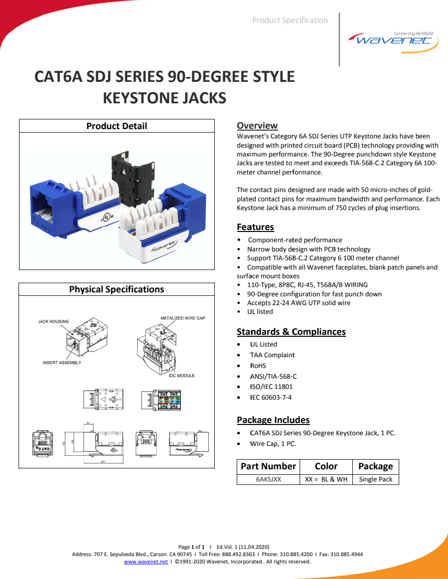 Manufacturer single-pack SDJ specification preview; illustration shows blue. This listing supplies one white jack with one wire cap.