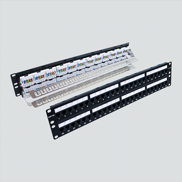 Manufacturer composite shows front and rear views of the Wavenet 6APP48 48-port 2U panel. One panel per sale.