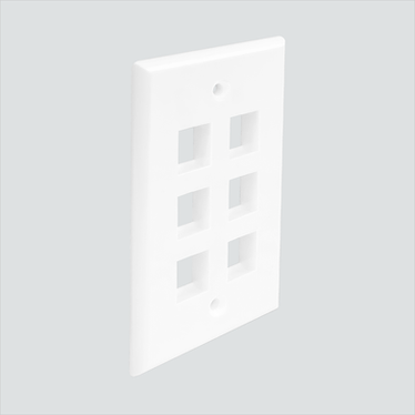 Manufacturer photo shows one white six-port faceplate. This listing supplies 25 white six-port faceplates.