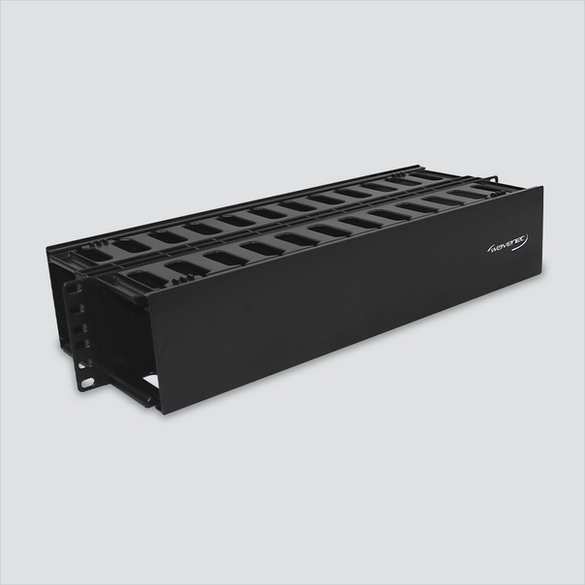 Manufacturer photo of Wavenet PDH-DS-2U, a black double-sided 2U horizontal finger-duct cable manager with 2 covers. One manager per sale; cables and rack equipment are not included.