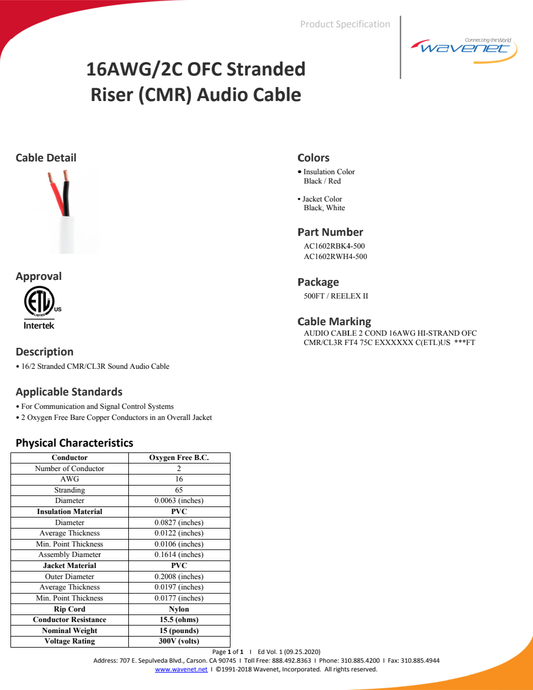 Wavenet white 2-conductor audio cable detail for AC1602RWH4-500
