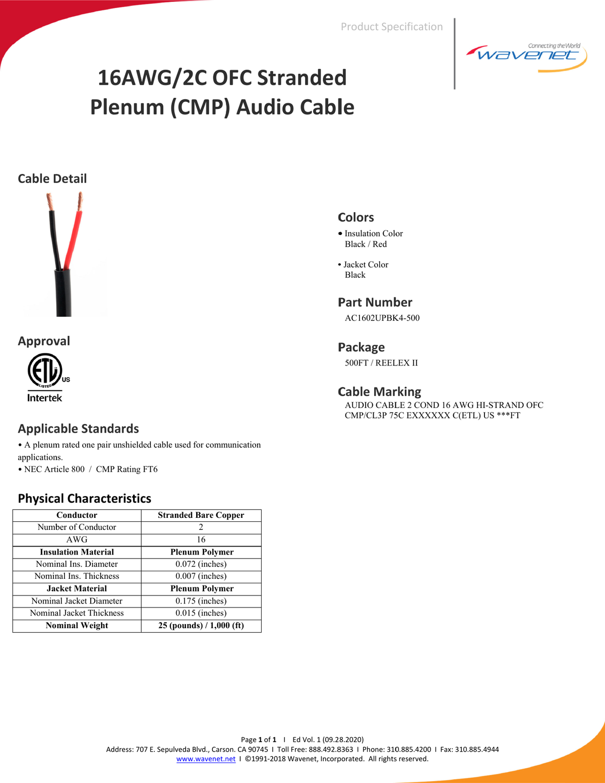Wavenet AC1602UPBK4-500 manufacturer specification sheet showing black jacket and two-conductor cable detail.
