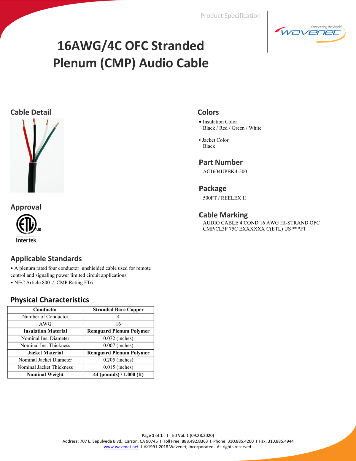 Wavenet AC1604UPBK4-500 manufacturer specification sheet showing black jacket and four-conductor cable detail.