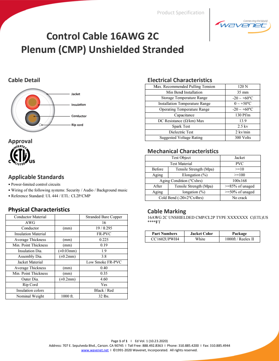 Wavenet CC1602UPWH4 manufacturer specification-sheet preview