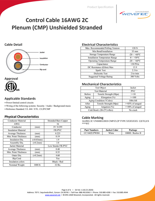 Wavenet CC1602UPWH4 manufacturer specification-sheet preview