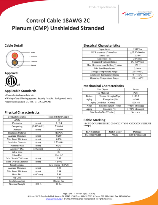 Wavenet CC1802UPWH4 manufacturer specification-sheet preview