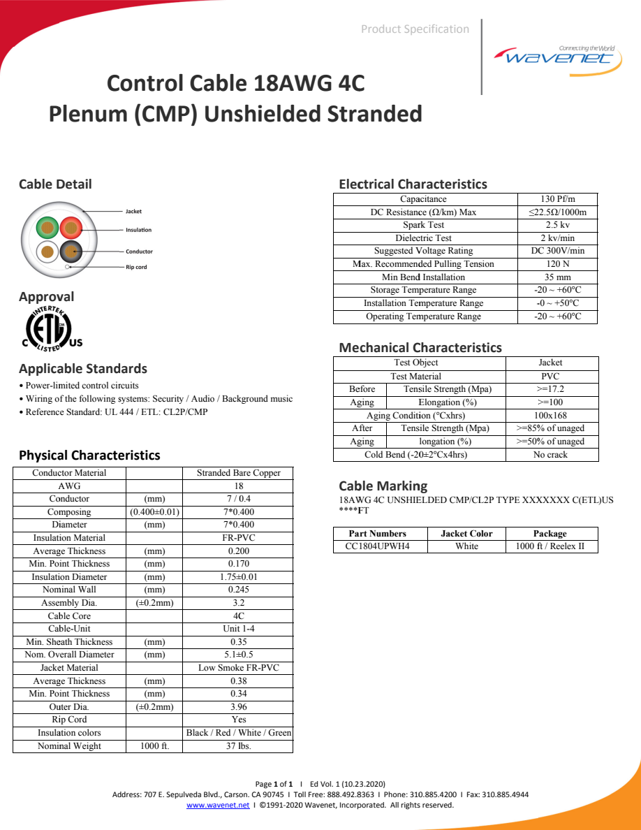 Wavenet CC1804UPWH4 manufacturer specification-sheet preview