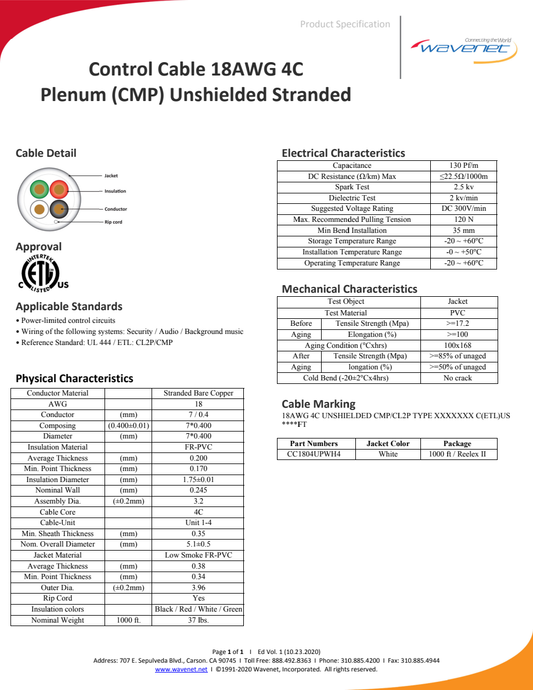 Wavenet CC1804UPWH4 manufacturer specification-sheet preview