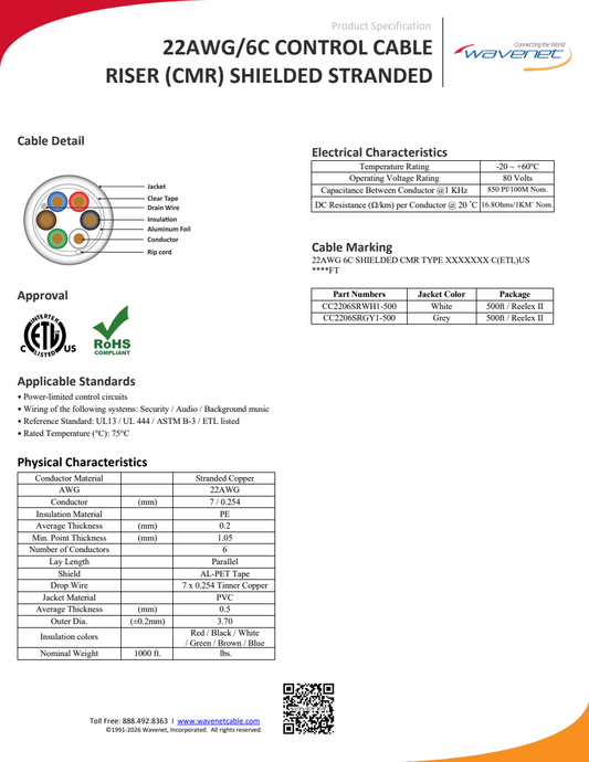 Wavenet manufacturer specification sheet covering CC2206SRWH1-500