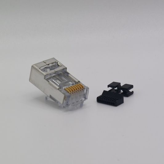 Sentinel 111S08080095LA4 shielded RJ45 plug and separate load bar; representative of the 100-pack offer.