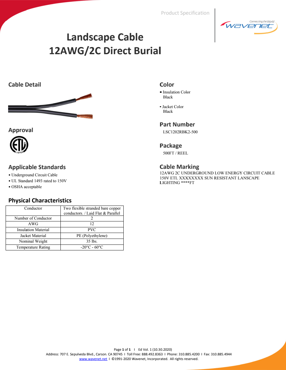 Wavenet LSC1202RBK2-500 manufacturer specification sheet