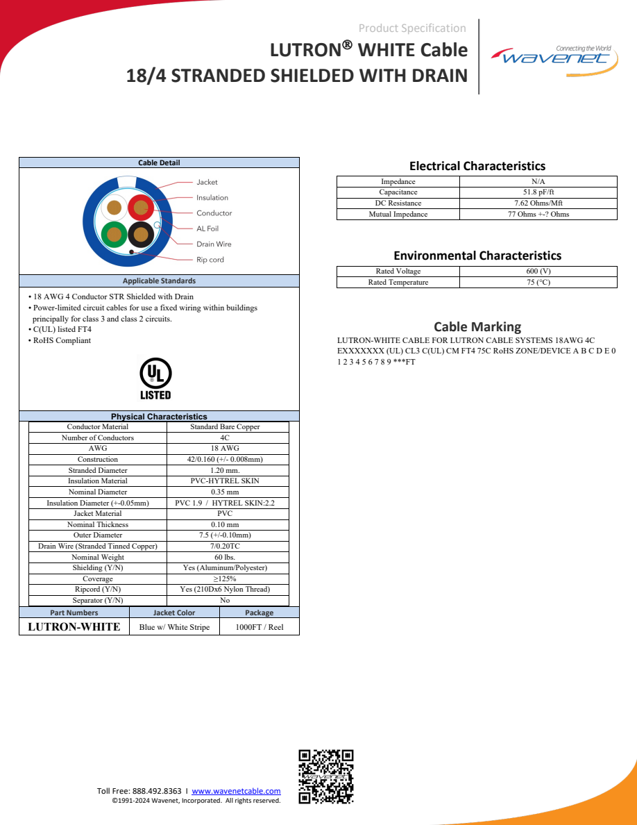 Wavenet LUTRON-WHITE manufacturer specification-sheet preview
