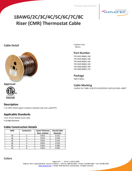 Wavenet18AWG thermostat-family specification associated with TW1804URBR2-500