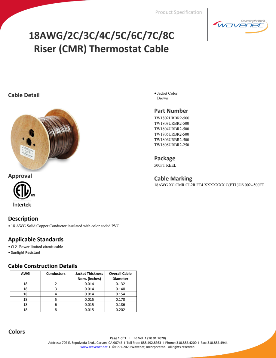 Wavenet18AWG thermostat-family specification associated with TW1806URBR2-500