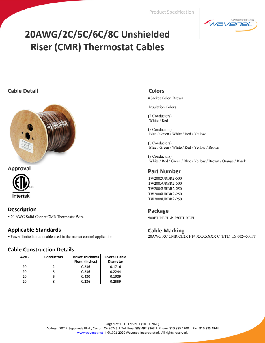Wavenet20AWG thermostat-family specification associated with TW2002URBR2-500