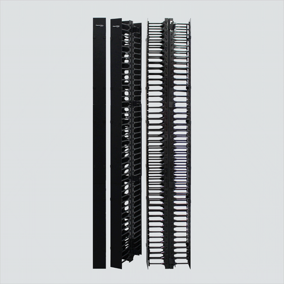 Multiple views of a black double-sided vertical finger-duct cable manager