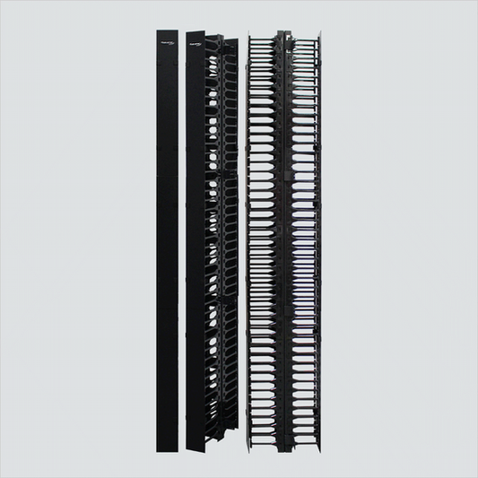Multiple views of a black double-sided vertical finger-duct cable manager