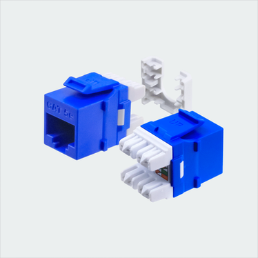 Manufacturer blue CAT5E HDJ jack shown in multiple views with cap removed. This listing supplies one blue jack and one wire cap.