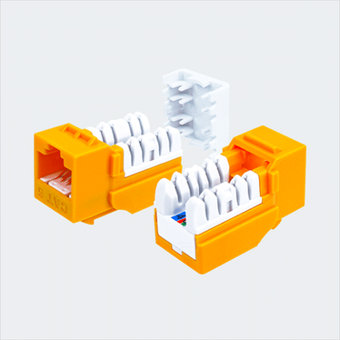 Manufacturer yellow CAT6 SDJ jack shown in multiple views with cap removed. This listing supplies 25 yellow jacks.