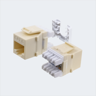 Manufacturer light almond CAT6 HDJ jack shown in multiple views with cap removed. This listing supplies one light almond jack and one wire cap.