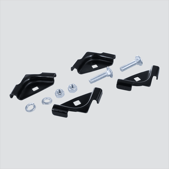Four black T-junction corner clamps with two carriage bolts, two washers and two nuts