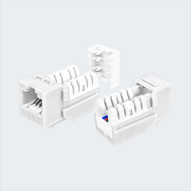 Manufacturer white CAT6 SDJ jack shown in multiple views with cap removed. This listing supplies one white jack and one wire cap.