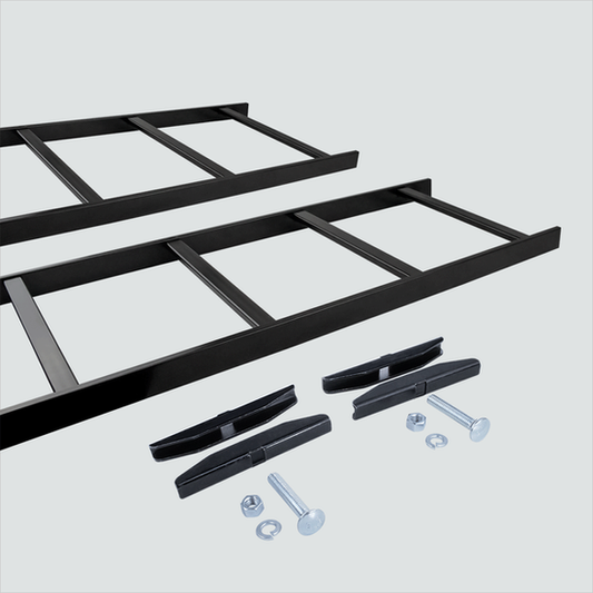 Two black cable-runway sections with butt-splice clamps and fasteners
