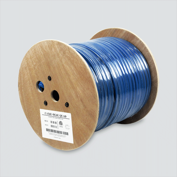 Blue Wavenet Cat6 and RG6 quad combination cable on a wooden reel