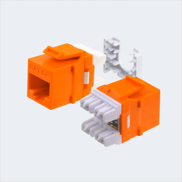 Manufacturer orange CAT5E HDJ jack shown in multiple views with cap removed. This listing supplies one orange jack and one wire cap.