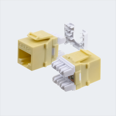Manufacturer ivory CAT5E HDJ jack shown in multiple views with cap removed. This listing supplies one ivory jack and one wire cap.
