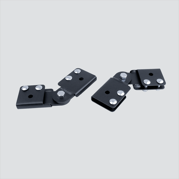 Two black assembled adjustable swivel splice clamps with attached hardware