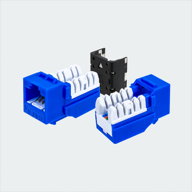 Manufacturer blue SDJ jack shown in multiple views with cap removed. This listing supplies one blue jack and one wire cap.