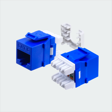 Manufacturer blue CAT6 HDJ jack shown in multiple views with cap removed. This listing supplies one blue jack and one wire cap.