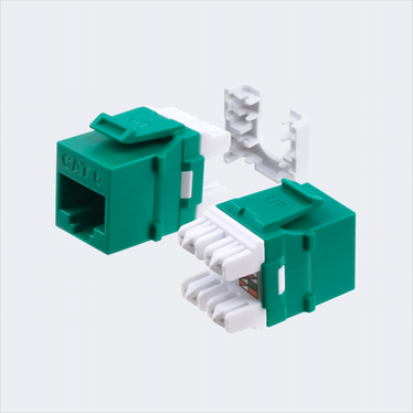 Manufacturer green CAT6 HDJ jack shown in multiple views with cap removed. This listing supplies one green jack and one wire cap.