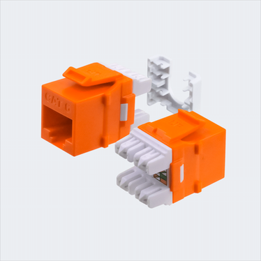 Manufacturer orange CAT6 HDJ jack shown in multiple views with cap removed. This listing supplies one orange jack and one wire cap.