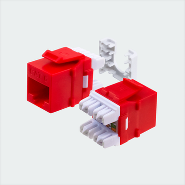 Manufacturer red CAT6 HDJ jack shown in multiple views with cap removed. This listing supplies one red jack and one wire cap.