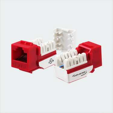 Manufacturer red CAT5E SDJ jack shown in multiple views with cap removed. This listing supplies one red jack and one wire cap.