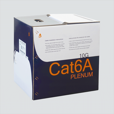 Wavenet Cat6A plenum cable box with 10G and Cat6A Plenum markings; illustrative packaging for 6A04UPBK3