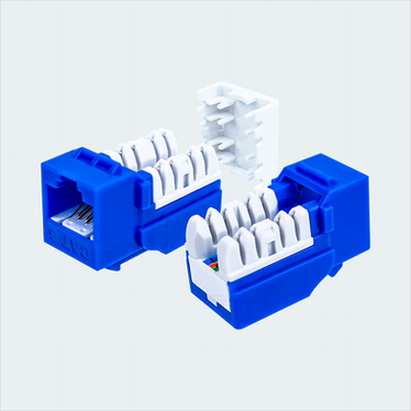 Manufacturer blue CAT6 SDJ jack shown in multiple views with cap removed. This listing supplies one blue jack and one wire cap.
