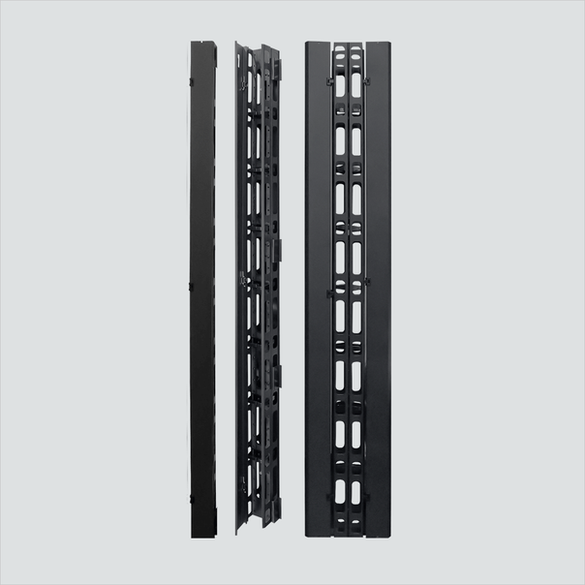 Covered and open views of a black double-sided vertical metal cable manager