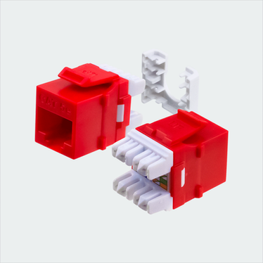 Manufacturer red CAT5E HDJ jack shown in multiple views with cap removed. This listing supplies one red jack and one wire cap.