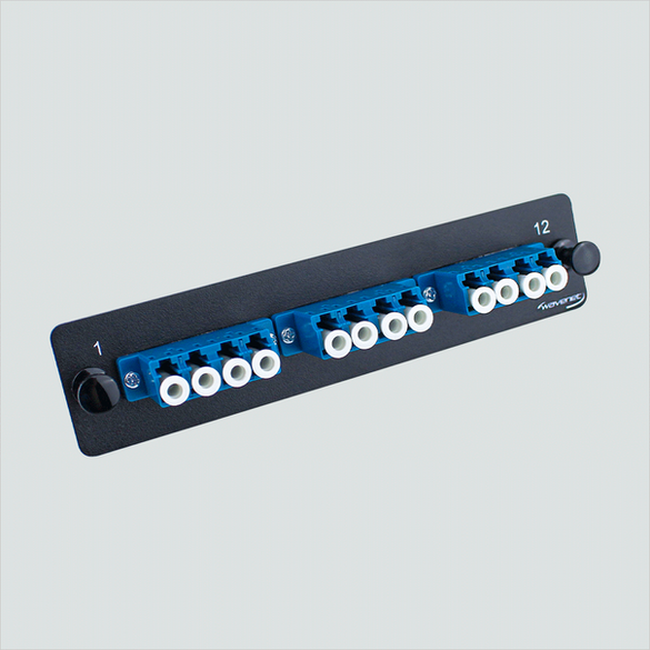 Wavenet FM12LCOS2 black panel with three blue groups of four capped LC positions